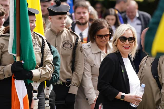 Sinn Fein President Mary Lou McDonald, (centre) and Vice President Michelle O'Neill (right) arrive at Bodenstown cemetery, Co. Kildare in the Republic of Ireland for the annual Wolfe Tone commemoration