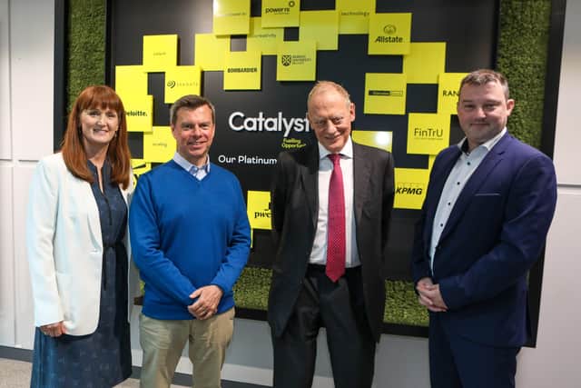 Pictured at the Innovation Centre at Catalyst in Belfast are Roisin Molloy, CEO Trimedika, Catalyst CEO Steve Orr, UK Minister for Investment Lord Grimstone and David Brown, COO B-Secur