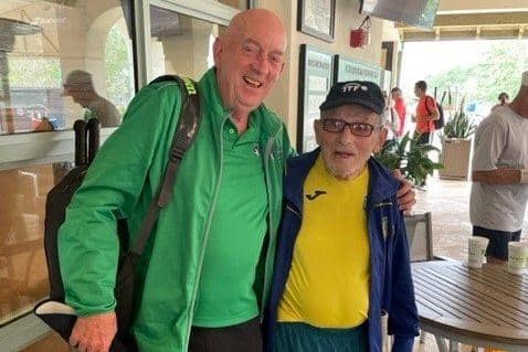 George Lucas with Leonid Stanislovski, 98, at the senior tennis championships in Florida.