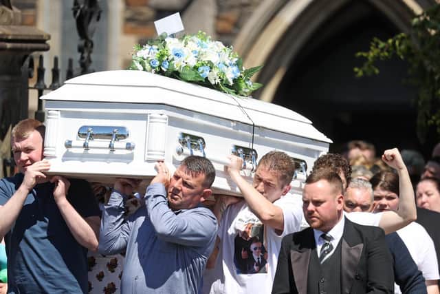 The coffin of Charlie Joyce, nine, is carried out of All Saints Church in Ballymena, following his funeral. Picture date: Monday June 20, 2022.