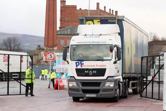 Lorries and goods being checked at the Department of Agriculture, Environment and Rural Affairs checking facility in Belfast Port