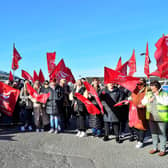 Members of the Unite trade union on a picket line in April outside a school in Belfast during strike action.
Picture By: Arthur Allison/Pacemaker Press.