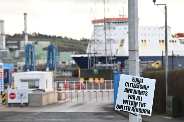 A sign at Larne Harbour, pictured earlier this year, decrying the Irish Sea border and its impact on the Union. Jeremy Burchill has insisted that unionists must not return to Stormont until free trade within the United Kingdom is restored