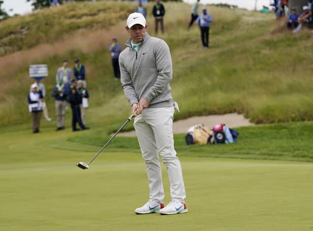 Rory McIlroy reacts after missing a putt on the third hole during the final round of the US Open on Sunday. Pic by PA.