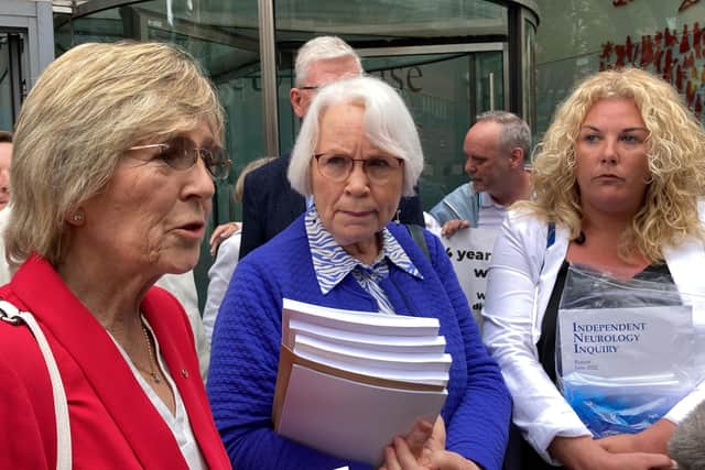 Therese Ward, Jean Garland and Danielle O'Neill, former patients of Belfast neurologist Dr Michael Watt, speak to the media following the publication of the report of the Independent Neurology Inquiry