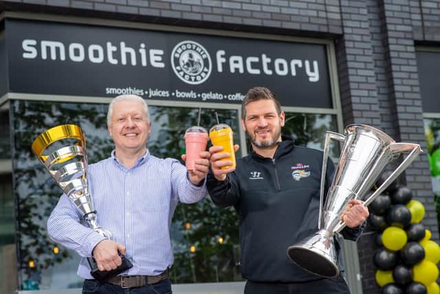 Andrew McQueen, master franchise partner of Smoothie Factory along with Belfast Giants head coach Adam Keefe