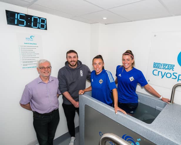 Colin Edgar, managing director of CET CryoSpa, Laura Rafferty & Ciara Watling of Northern Ireland Ladies and Simon Millar, manager of Bodyscape Health Club