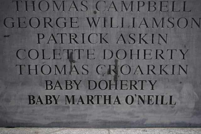 The name of baby Martha O'Neill added to the names of the 33 victims on the Dublin and Monaghan bombings memorial of 17 May 1974 in Talbot Street, Dublin