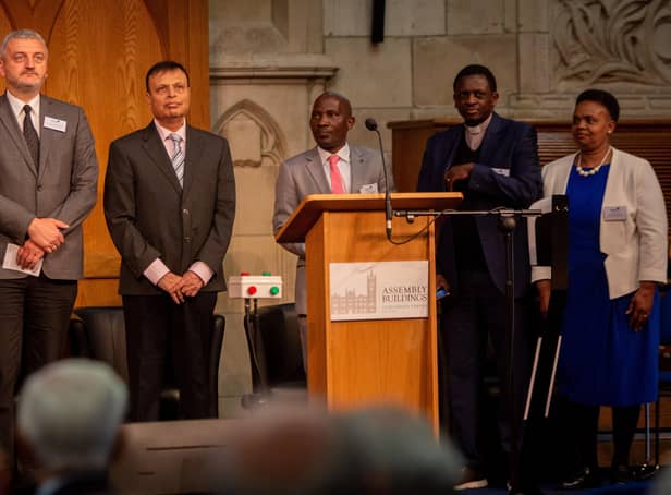 Overseas partners with the Presbyterian Church in Ireland at the 2022 General Assembly in Belfast. Left to rigt Prof Zoltan Literaty a minister in the Hungarian Reformed, Percy Patrick of the Gujarat Diocese of the Church of North India, Amon Chanika, Director of Scripture Union in Malawi with Rev Edwin and Anne Kibathi of the Presbyterian Church of East Africa.