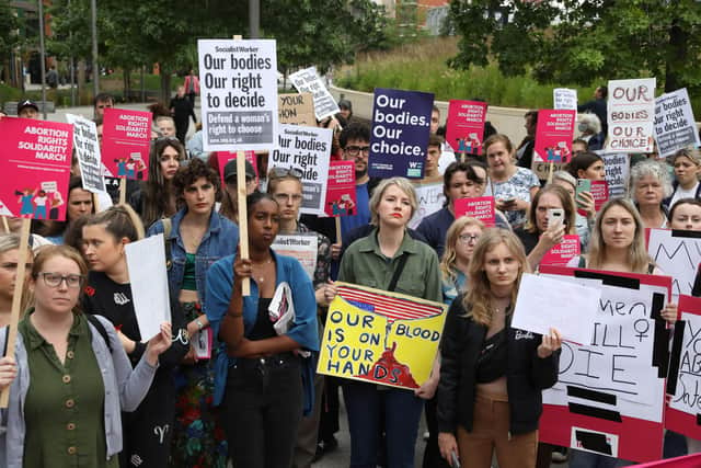 Demonstrators gather outside the United States embassy in Vauxhall, south London to protest against the decision to scrap constitutional right to abortion in America. Photo: Ashlee Ruggels/PA Wire