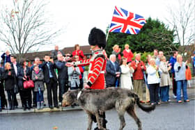 A contingent of Irish Guards (with wolfhound mascot) parading through east Belfast in 2011 after returning from Afghanistan
