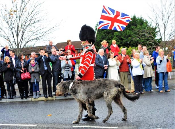 A contingent of Irish Guards (with wolfhound mascot) parading through east Belfast in 2011 after returning from Afghanistan