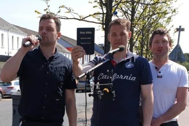 NI street preachers, from left to right, Sean Paul Tully, Ryan Williamson, and Robert Ervine. All three were arrested by Garda in Dundalk. A video of the arrest shot and edited by the preachers can be seen on this page.