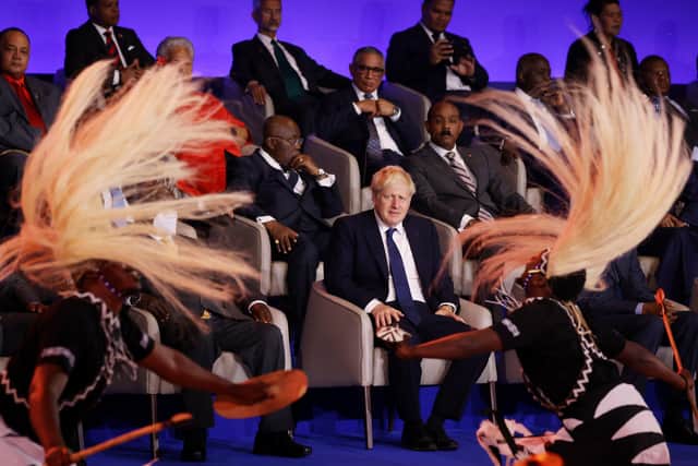 Prime Minister Boris Johnson looks on during the opening ceremony of the Commonwealth Heads of Government Meeting (CHOGM) in Kigali, Rwanda.