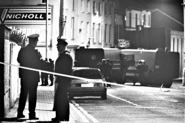 May 1994 - Scene of IRA mortar attack in Londonderry which killed one RUC man and injured several others
