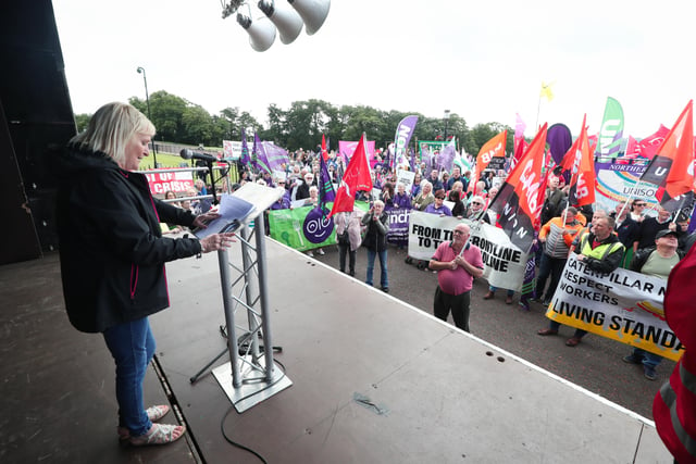 Press Eye - Belfast - Northern Ireland - 25th June 2022 - 

Alison Millar joins union members at a rally at Stormont, Belfast calling on Westminster to provide support to working families and for a return of a NI Executive to roll out the necessary policies and actions to seek to address this cost of living crisis.

The rally was organised by trade unions NIC and ICTU.

Photo by Kelvin Boyes / Press Eye.