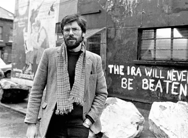 PACEMAKER BELFAST   Sinn Fein president Gerry Adams pictured outside the party's HQ on the Falls Road in January 1984