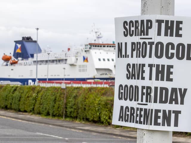An anti-Northern Ireland Protocol sign close to Larne Port, as a Bill to amend the Northern Ireland Protocol unilaterally is debated in Parliament today, amid controversy over whether the legislation will break international law