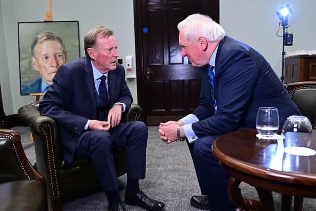 Lord Trimble (left) with former taoiseach Bertie Ahern after the unveiling of his portrait