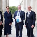 Pictured at the launch of the Hospitality Ulster Workforce Strategy at Parliament Buildings are Stephen Mcgorrian, vice-chair Hospitality Ulster, Kate Nicholls, chief executive of UK Hospitality, Economy Minister Gordon Lyons MLA and Colin Neill, chief executive of Hospitality Ulster