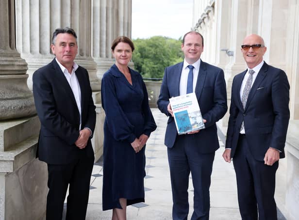 Pictured at the launch of the Hospitality Ulster Workforce Strategy at Parliament Buildings are Stephen Mcgorrian, vice-chair Hospitality Ulster, Kate Nicholls, chief executive of UK Hospitality, Economy Minister Gordon Lyons MLA and Colin Neill, chief executive of Hospitality Ulster