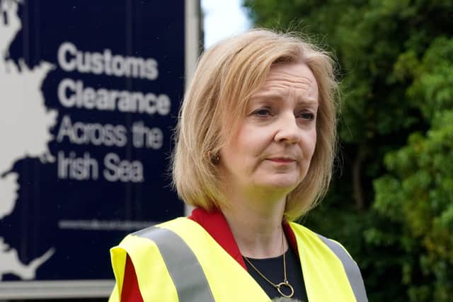 Foreign Secretary Liz Truss during a visit to McCulla Haulage, in Lisburn, Northern Ireland, to discuss the NI protocol with businesses. Picture date: Wednesday May 25, 2022.