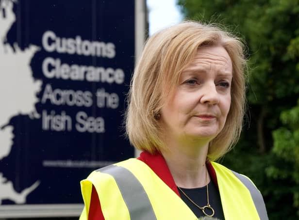 Foreign Secretary Liz Truss during a visit to McCulla Haulage, in Lisburn, Northern Ireland, to discuss the NI protocol with businesses. Picture date: Wednesday May 25, 2022.