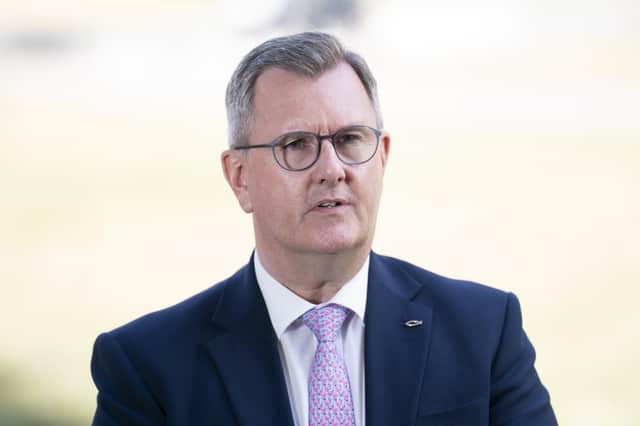 DUP leader Sir Jeffrey Donaldson speaks to the media on College Green in Westminster, London on Monday, when MPs passed the second reading of the Northern Ireland Protocol Bill