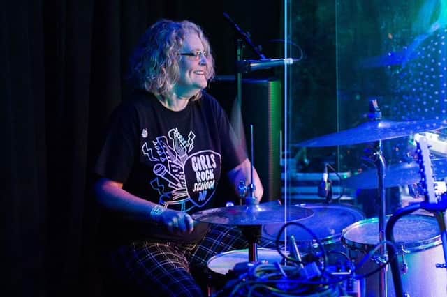 Dolores Vischer on the drums at the Oh Yeah Centre in Belfast