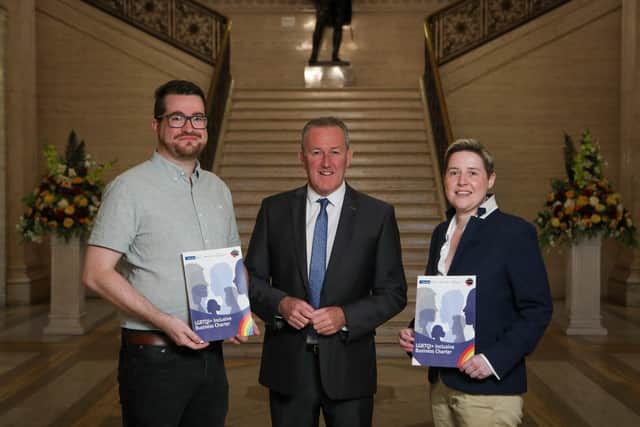 Pictured at Stormont at the launch of the new LGBTQI+ Inclusive Business Charter are Matt Leebody, chair of the Cara-Friend board, Finance Minister Conor Murphy and Danielle Harper, chair of Danske Bank’s Rainbow Network