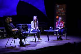 Chelsea Clinton in conversation with Tara Lynne O'Neill (left) and Marie Louise Muir at the Lyric Theatre in Belfast. Photo: Niall Carson/PA Wire