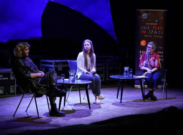 Chelsea Clinton in conversation with Tara Lynne O'Neill (left) and Marie Louise Muir at the Lyric Theatre in Belfast. Photo: Niall Carson/PA Wire
