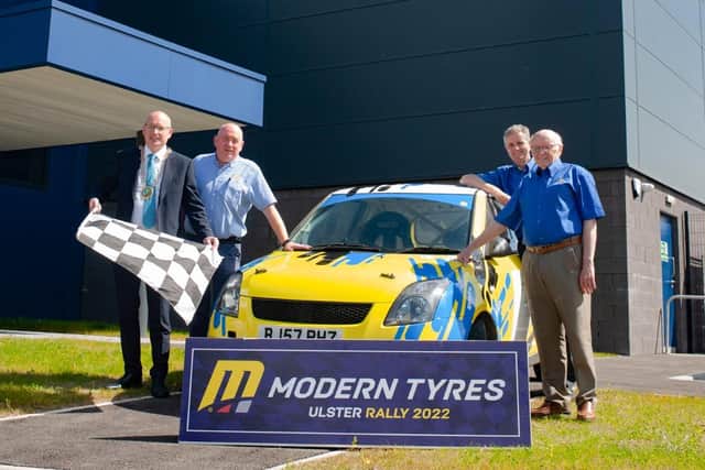 Michael Savage, Chairperson of Newry and Mourne District Council, Jim Murphy, Manager Modern Tyres Newry, Stephen Shaw, Modern Tyres’ Group Sales and Marketing Manager, and Northern Ireland Motor Club representative David Gray.