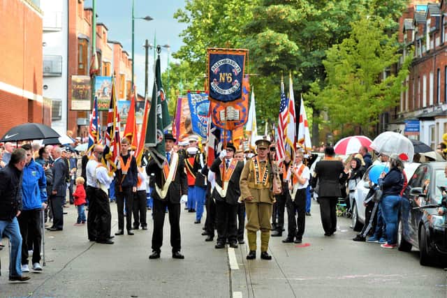 Pacemaker press 01/07/2016 East Belfast host's The Battle of the Somme aniversary parade. Bands from around Northern Ireland and Scotland take part in the Battle of the Somme anniversary parade. The bands marched around the winding streets of East Belfast and past the nationalist markets area which was heavily policed.  Picture Mark marlow/pacemaker press