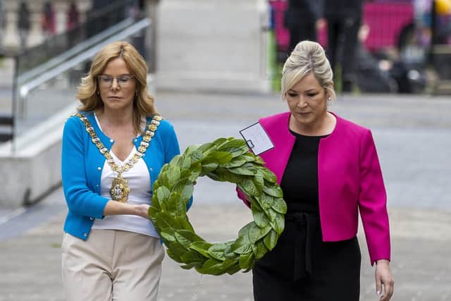 Belfast Lord Mayor Tina Black (left) with Sinn Fein Vice-President Michelle O'Neill lay a wreath at the Cenotaph in Donegall Square West in Belfast, marking the anniversary of the first day of the Battle of the Somme in 1916
