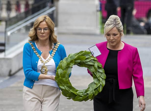 Belfast Lord Mayor Tina Black (left) with Sinn Fein Vice-President Michelle O'Neill lay a wreath at the Cenotaph in Donegall Square West in Belfast, marking the anniversary of the first day of the Battle of the Somme in 1916