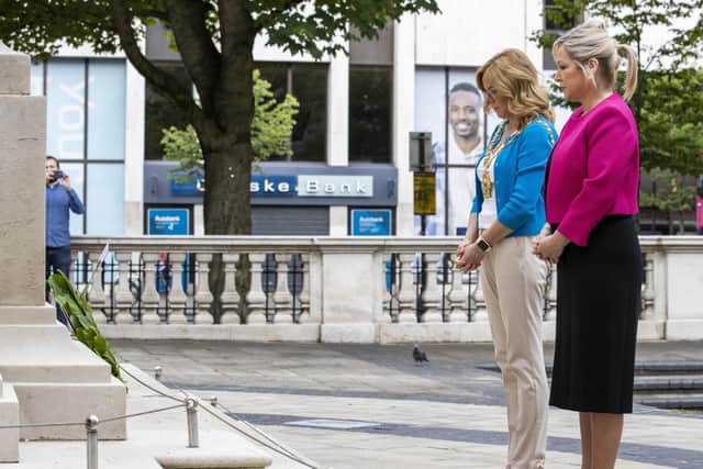 Belfast Lord Mayor Tina Black (left) with Sinn Fein Vice-President Michelle O'Neill after laying a wreath at the Cenotaph in Donegall Square West in Belfast, marking the anniversary of the first day of the Battle of the Somme in 1916