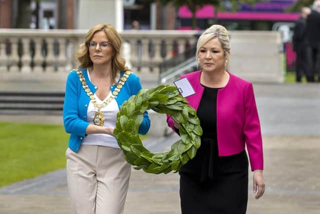 Belfast Lord Mayor Tina Black (left) with Sinn Fein Vice-President Michelle O'Neill lay a wreath at the Cenotaph in Donegall Square West in Belfast, marking the anniversary of the first day of the Battle of the Somme in 1916. They held their own event, two hours before the main ceremony, attended by the Irish government. Picture date: Friday July 1, 2022.