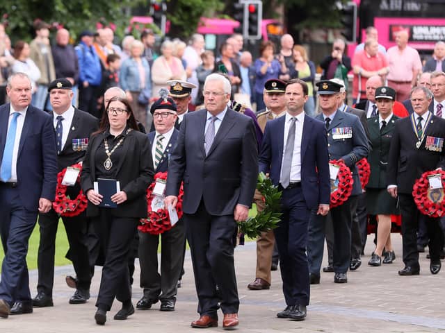 Press Eye - Belfast - Northern Ireland - 1st July 2022Act of Remembrance and Wreath Laying ceremony at the Cenotaph at Belfast City Hall to mark the Battle of the Somme.  The First World War Battle of the Somme started on 1st July 1916. Picture by Jonathan Porter/PressEye