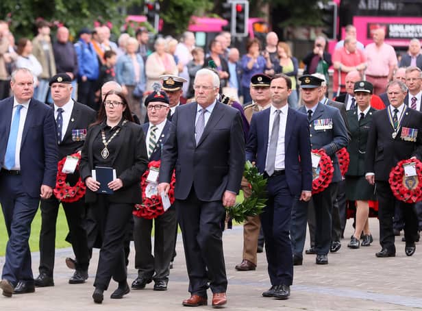 Press Eye - Belfast - Northern Ireland - 1st July 2022Act of Remembrance and Wreath Laying ceremony at the Cenotaph at Belfast City Hall to mark the Battle of the Somme.  The First World War Battle of the Somme started on 1st July 1916. Picture by Jonathan Porter/PressEye