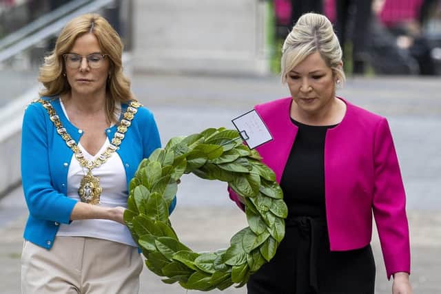Belfast Lord Mayor Tina Black (left) with Sinn Fein Vice-President Michelle O'Neill lay a wreath at the Cenotaph in Donegall Square West in Belfast, marking the anniversary of the first day of the Battle of the Somme in 1916. Picture date: Friday July 1, 2022.
