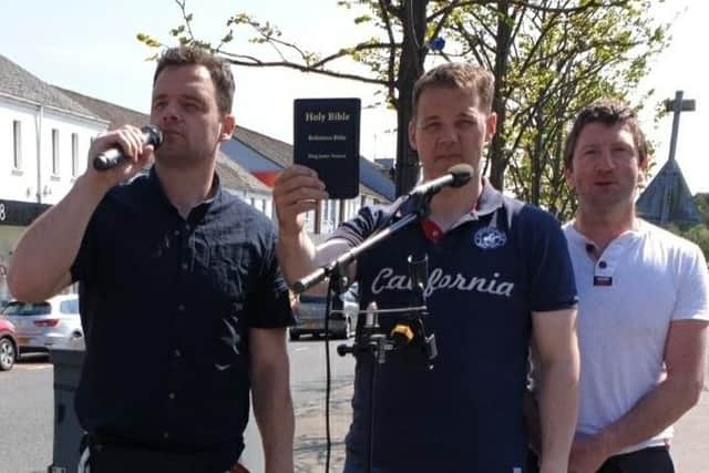 NI street preachers, from left to right, Sean Paul Tully, Ryan Williamson, and Robert Ervine. All three were arrested by Garda in Dundalk in September after preaching against homosexuality. All charges against them were dismissed last month.