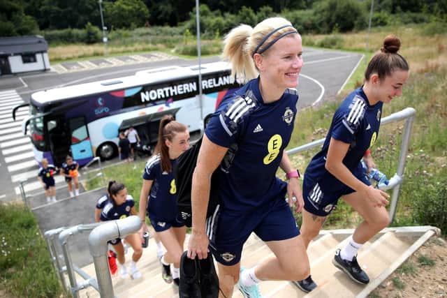 Northern Ireland's Julie Nelson during Monday's training session at their training complex in Southampton, ahead of Thursday's UEFA Women's Euros Finals match against Norway at St Mary's Stadium. Photo by William Cherry/Presseye