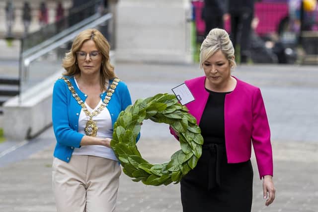 Belfast Lord Mayor Tina Black (left) with Sinn Fein Vice-President Michelle O'Neill lay a wreath at the Cenotaph in Belfast in 2022, marking the anniversary of the Somme. Aileen Quinton says: "Stop treating welcoming actions from supporters of terrorism that distract from their ongoing terrorism glorification"