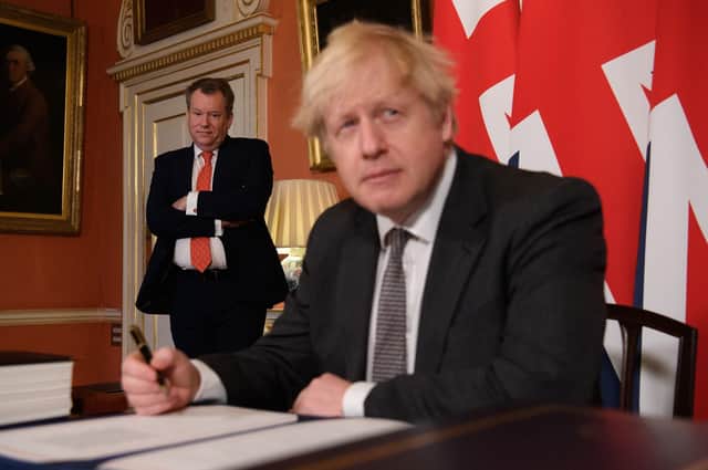 The then UK chief trade negotiator Lord Frost and Boris Johnson after they agreed a trade deal in late 2020, just before the Irish Sea border kicked in