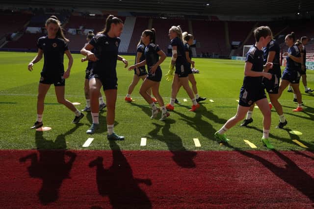 Northern Ireland players warm up during a training session ahead of facing Norway in the Women's EURO 2022 tournament. Pic by PA.