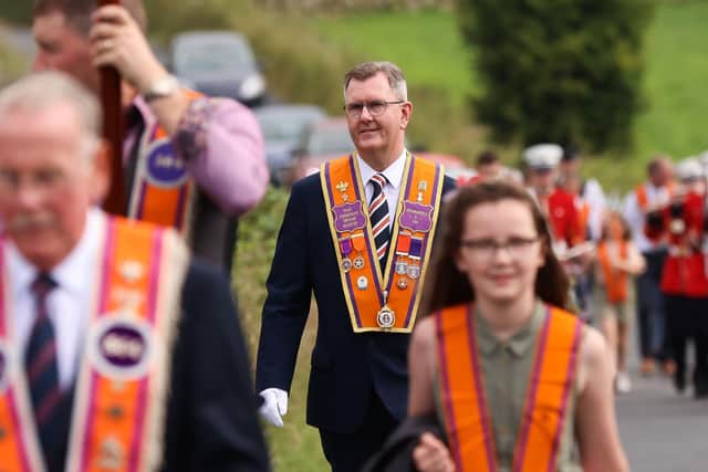 Sir Jeffrey Donaldson parading on the Twelfth last year. The DUP leader, who joined the Orange Order in 1979, aged 16, said the Institution was an example of ‘an organisation which draws pro-Union voices together’