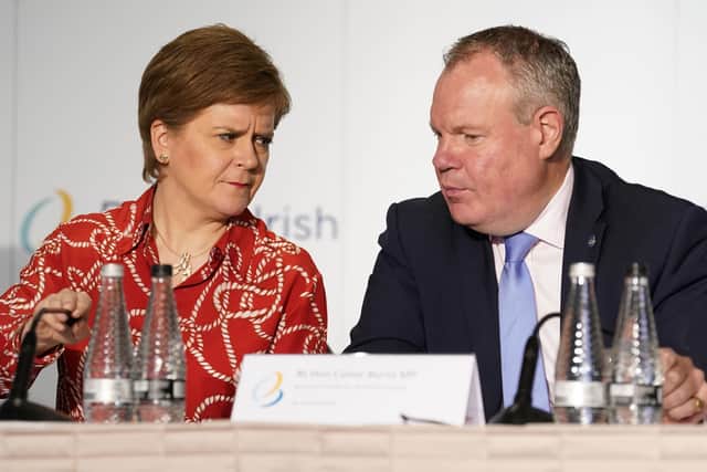 Scottish First Minister Nicola Sturgeon (left) and Minister of State for Northern Ireland Conor Burns during a press conference following a British-Irish Council (BIC) summit meeting at the St Pierre Park Hotel in Guernsey