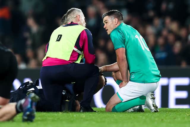 Johnny Sexton of Ireland receives medical attention during the International test Match in the series between the New Zealand All Blacks and Ireland at Eden Park