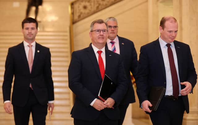 DUP leader Sir Jeffrey Donaldson with party colleagues. Sources claims many Conservative MPs believe the DUP should enter the Stormont Executive before the NI Protocol is passed